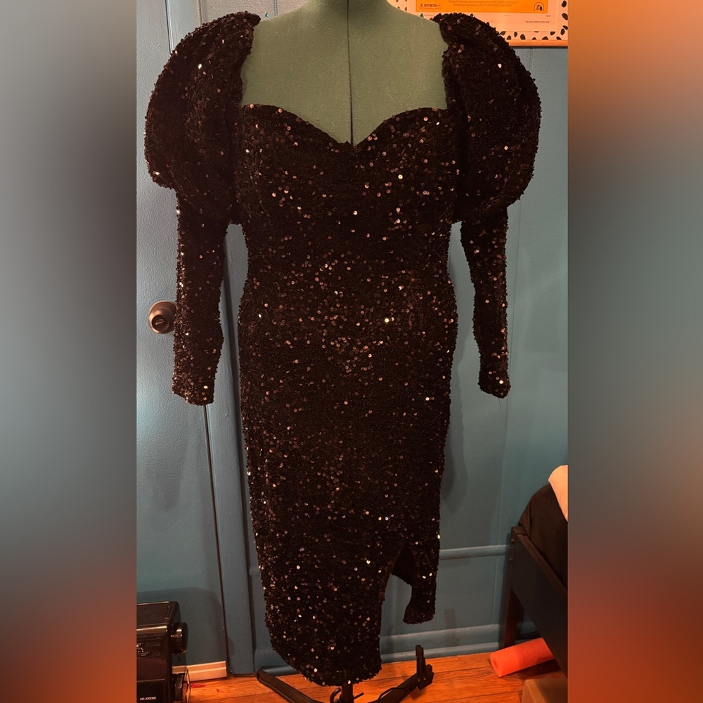 Black Velvet Sequin Midi Dress